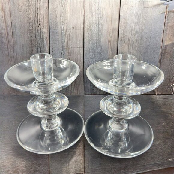 1950s Val Saint Lambert Clear Glass Candlestick Holder Votive Set 2 Signed VTG - Picture 3 of 14
